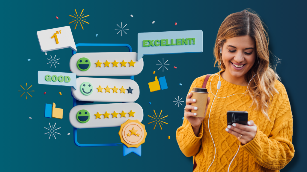 A happy customer providing an excellent 5-star review on a smartphone, illustrating the top customer satisfaction rankings of 2026.