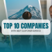 A collage of a smiling delivery professional, a person reaching a mountain summit, and a healthcare worker, titled "Top 10 Companies with Best Customer Service."