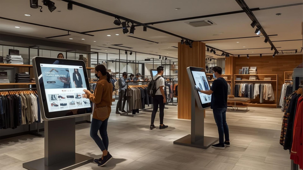 Customers using large interactive retail kiosks in a modern clothing store to browse eCommerce inventory for a 2026 retail kiosk strategy.