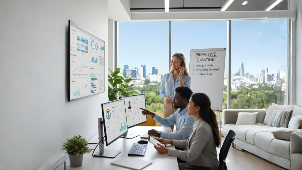 A diverse team of three customer service professionals working in a bright, modern office with large windows overlooking a city skyline. They are analyzing real-time data on multiple computer screens and a large wall-mounted dashboard. One team member wears a headset and smiles, while the others point to analytics on a monitor. A whiteboard in the background outlines a "Proactive Strategy" focusing on anticipating needs and personalized outreach.