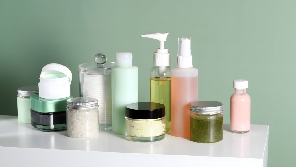 A clean, minimalist collection of various skincare and beauty products arranged on a white shelf against a soft sage green background. The assortment includes clear and frosted glass jars containing creams and scrubs, pump bottles with liquid formulas, a spray bottle, and a glass apothecary jar filled with cotton pads. The packaging features a neutral palette of white, silver, and black caps.